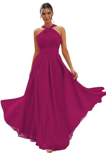 SELFGENIC Abito da damigella d'onore in chiffon con scollo all'americana lungo da donna, abito formale da ballo con tasche, Fucsia, 62 Più