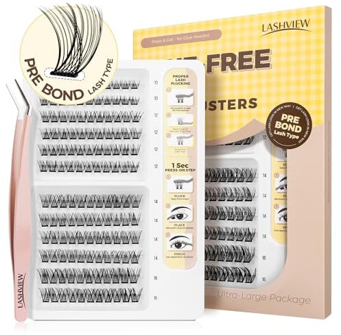 LASHVIEW Self Adhesive Lash Clusters Eyelashes,Press-on Lashes 10-16mm Individual Lash Extension Kit with Lash Tweezers,No Glue Needed Natural Self Adhesive DIY Eyelash Extension Kit (AC58 120PC)
