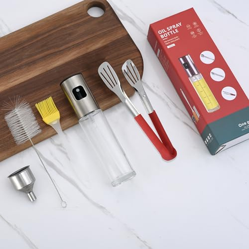 MIOPEN Pulverizador aceite spray, Rociador de Oliva, Incluye Cepillo para Aceite, Pinzas para Parrilla, Embudo de Acero Inoxidable.