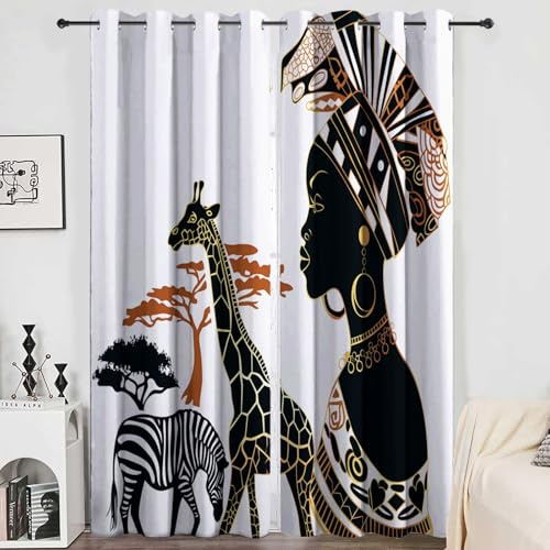 CozyRest Blickdichte Vorhänge ösen 2er Set Afrikanische Frau Muster Gardine Lichtundurchlässig Fenstervorhang Wohnzimmer Schlafzimmer Afrikanischer Stamm H 214 x B 91.5 cm