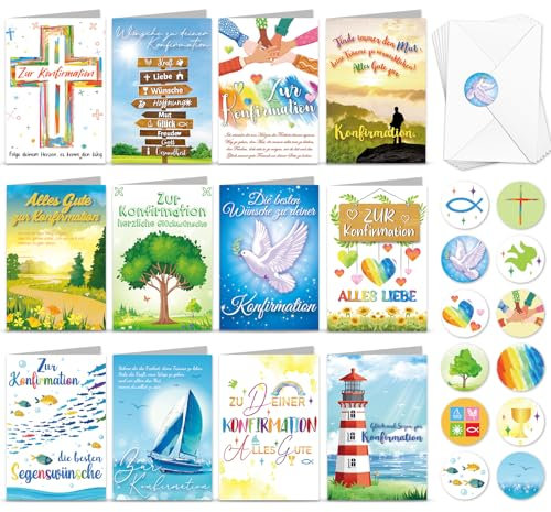 DPKOW 12 Konfirmationskarten mit Umschlag Aufkleber, Konfirmation Karte Mädchen Junge, Konfirmation Glückwunschkarte Klappkarten Blanko, KONFIRMATION Karten Set
