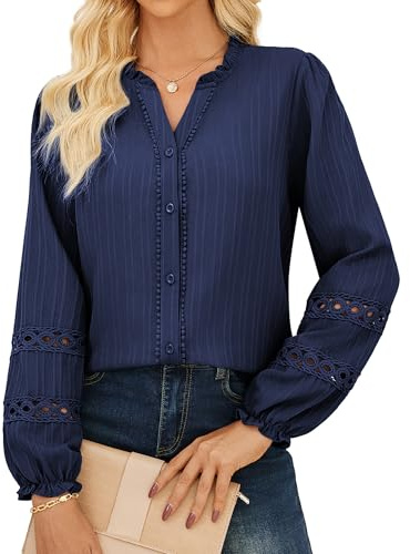 GRACE KARIN Women’s Button Down Henley Shirt Blouses Lace Long Sleeve Flattering Fit Casual Tunic Blouse Tops