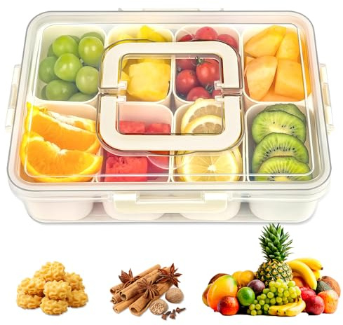 Vulevirtue Caja de Aperitivos,Snack Box con 8 Compartimentos Snack Box Container Bandeja Dividida Dispensador de Aperitivos Caja Bocadillos con Tapa y Asa para Dulce Fruta Galleta (30 * 22 * 7cm)