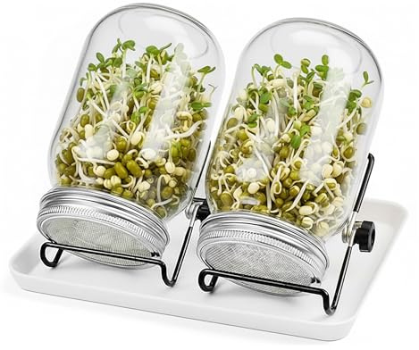 Relaxdays Sprossenglas 2er Set, mit Ständer & Abtropfschale, Keimglas für Sprossen, 850 ml, zur Sprossenanzucht, Farben
