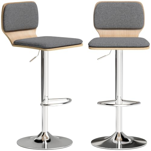 HOMCOM Lot de 2 Tabourets de Bar Hauteur Réglable 41x47,5x81-102cm Gris | Chaises de Bar avec Dossier, Repose-Pieds, Pivotant 360°, Base Acier, Tissu Effet Lin, Salle à Manger, Comptoir