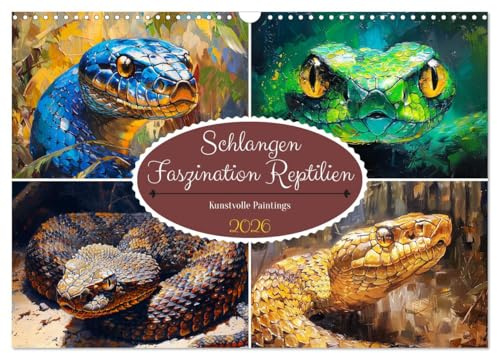 Schlangen. Faszination Reptilien. Kunstvolle Paintings (Wandkalender 2026 DIN A3 quer), CALVENDO Monatskalender: Die mystische Schönheit der Schlangen im Ölgemälde-Stil (CALVENDO Tiere)