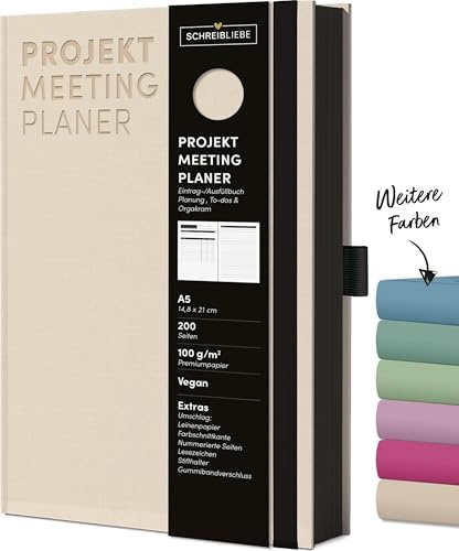 Projekt-Meeting Planer Sand: Notizbuch A5, Ausfüllbuch mit Farbschnittkante, Lesebändchen, Stiftehalter und Gummiband, 200 Seiten - SchreibLiebe
