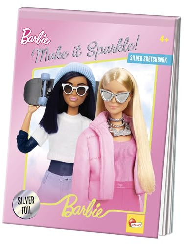 Lisciani - BARBIE - Gör det gnistrande! skissbok - Holografisk målarbok för barn i åldern 4 år - Manuell aktivitet utan skärm - finmotorik, fantasi och koncentration, Silber