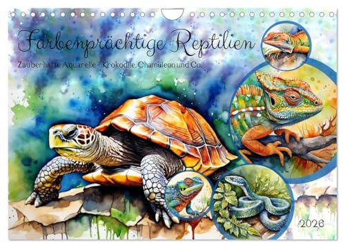 Farbenprächtige Reptilien (Wandkalender 2026 DIN A4 quer), CALVENDO Monatskalender: Zauberhafte Aquarelle - Krokodile, Chamäleon und Co. (CALVENDO Tiere)