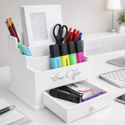 Schreibtisch-Organizer Weiß 3 Fächer eine Schublade Briefbox Holz Schreibtischorganizer Ständer Briefablage Holz Letterbox Ablage Büro Organizer Holz Schreibtisch Briefständer Briefhalter Utensilio