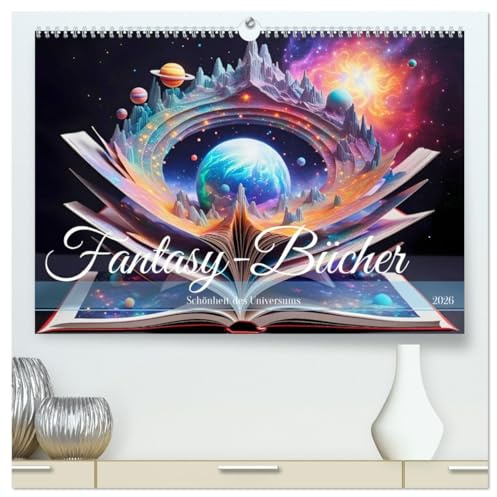 Fantasy-Bücher Schönheit des Universums (hochwertiger Premium Wandkalender 2026 DIN A2 quer), Kunstdruck in Hochglanz: Mit Büchern die Magie des Universums entdecken. (CALVENDO Natur)