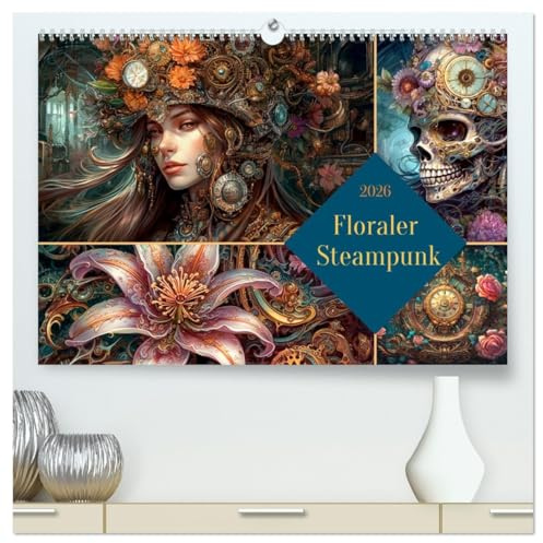 Floraler Steampunk (hochwertiger Premium Wandkalender 2026 DIN A2 quer), Kunstdruck in Hochglanz: KI generierte Illustrationen aus dem Steampunk-Genre mit floralen Motiven (CALVENDO Spass)