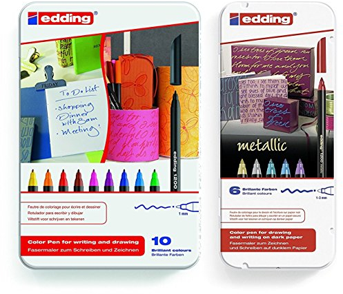edding 4-1200-6 Fasermaler 1200 Color Pen, 1-3 mm, 6-er Set, sortiert, metallic und 10-er Set, sortiert