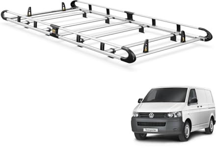 Van Guard ULTI Rack+ Aluminium Bar Van Roof Rack for VW Transporter T5 (03-15) [Long Wheelbase, Barn Doors] - Includes Full-Width Rear Roller and Load Stops