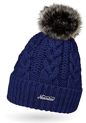 Neverless Damen Strick-Mütze gefüttert mit Kunst-Fell-Bommel, Winter-Mütze, Bommelmütze, Navy Unisize