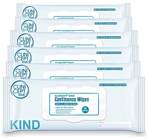 Clinicept Care Incontinence Wipes With 4% Dimethicone - NHS Approved, Aloe Vera, Antibacterial, Alcohol Free, Soothes and Moisturises (6 Packs of 25, 150 Total)