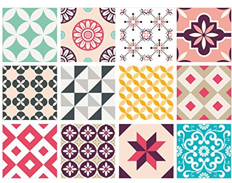 | Sticker Carrelage | Planche de 12 Stickers Autocollants Adhesifs Carrelage - Carreaux de Ciment - Crazy Color - Dimensions d'un Sticker : 10 x 10 cm - Salle de Bains Cuisine Meubles ...