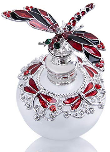 YU FENG Dragonfly Decorative Glass Perfume Bottle Jeweled Enameled Fancy Crystal Perfume Holder Scent Bottles Empty Refillable(Red,40ml)
