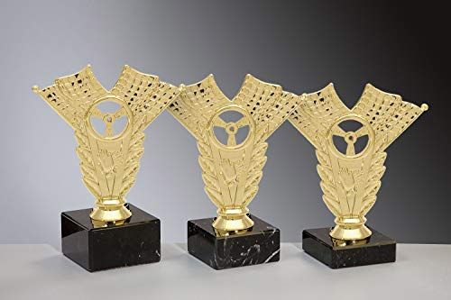 Henecka 🏁 Motorsport Trophäe, Pokal Schraubfigur goldenes Lenkrad, Marmorsockel schwarz, mit Wunschgravur, wählbar in 3 Größen oder als 3er-Serie (Sockel 65 x 20 mm)