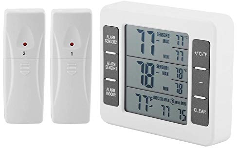 Refrigerator Thermometer, Wireless Digital Fridge Freezer Remote Thermometer with 2 Sensors Alarm Temperature Gauge