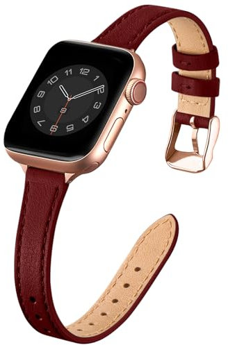 SUNFWR Compatible with Apple Watch Strap 38mm 40mm 41mm,Genuine Leather Strap Replacement,Slim&Thin Wristband for iwatch Series 7/6/5/4/3/2/1,SE(38mm 40mm 41mm,Wine red&Rosegold)