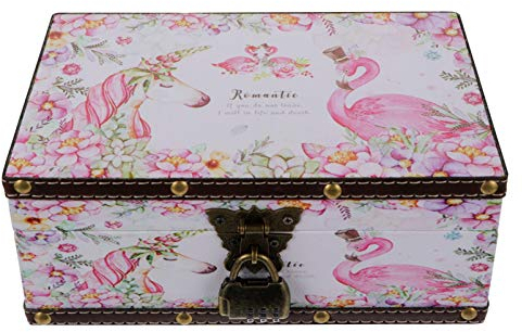 BESPORTBLE Retro Schmuckschatulle Holz Flamingo Einhorn Gedruckt Schmuckkasten Ring Ohrringe Aufbewahrungskoffer Schmuck Andenken Veranstalter mit Schloss Geschenk für Mädchen Frauen