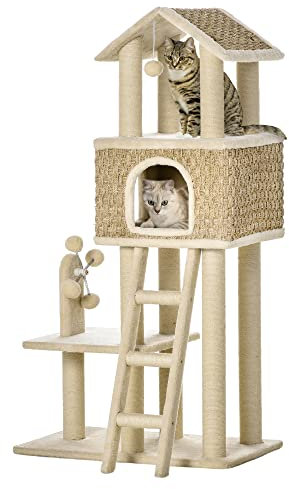 Pawhut Arbre à Chats Style Cosy Chic griffoirs sisal Naturel Niche Plateformes échelle Jeux Boule Suspendue Moulin à Vent Peluche Courte Panneaux Particules algues 69 x 40 x 131 cm crème Kaki