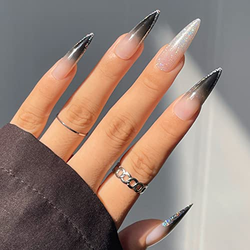 JUSTOTRY 24 Pièces Paillette Stiletto Faux Ongles Long,Gradient Noir French Press on Nails,Pretty Amande Faux Ongle avec Colle Pour Femme et Fille,Pointu Faux Ongles à Coller avec Nail Art