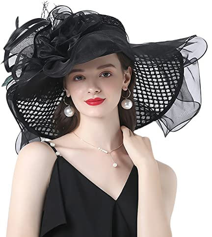 ITODA Organza Hut Damen Fascinator Große Krempe Sonnenhut Netz Organzahut mit Blume Feder Kopfschmuck Elegant Sommerhut Sonnenschutz Strandmütze Braut Damenhut Kirche Hochzeit Party Strand Schwarz