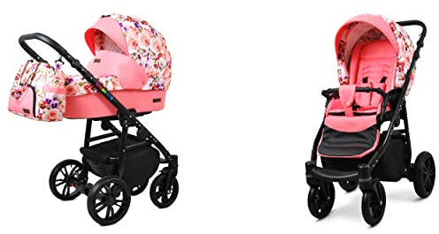 BabyLux Color Lux 2-in-1 Baby Kinderwagen Tief und Kinderwagen mit Zubehör Verstellbar und faltbar Aluminiumkonstruktion Wasserdichte Nicht abnehmbare Räder Pansies And Roses Black Frame