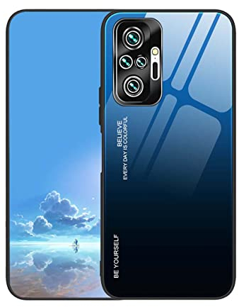 UPLAI Hülle für Xiaomi Redmi Note 10 Pro 4G, Slim Stoßfest Farbverlauf Handyhülle Case, Temperiertes Glas Rücken and Sanft TPU Silikon Bumper Schutzhülle Cover.Blau Schwarz