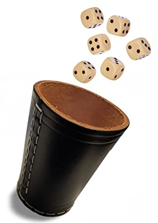 Kaufen-Schenken-Spielen K-S-S Deluxe Würfelbecher aus Leder schwarz mit weißen Nähten Standartgröße 8 cm + 6 Würfel