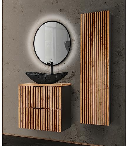 Lomadox Badmöbel Set 3-teilig mit Waschtisch Unterschrank 60 cm Keramik Aufsatzwaschbecken Hochschrank Spiegel anthrazit Eiche Nb. Rillen schwarz