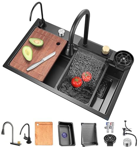Einzelne Schüssel Wasserfall Küchenspüle, Schwarzer Grauer Tropfen In Einzelne Schüssel Edelstahl Bar Spüle, Workstation Küchenspüle Mit Zubehör (Color : Black-grey, S : 80x45x21cm)