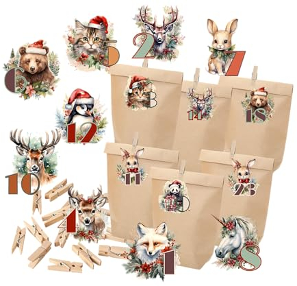 Adventskalender zum Befüllen : 2023 DIY Adventskalender Zahlen Sticker zum Selbstbefüllen groß mit 24 Adventskalender Kraftpapier Tüten Waldtiere Bär Fuchs