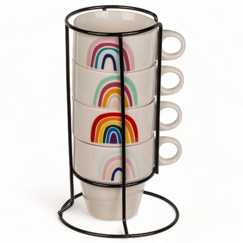 MIJOMA Lot de 4 tasses à café en porcelaine colorées avec support chromé - Empilables et passent au lave-vaisselle - Capacité : 200 ml - Design arc-en-ciel
