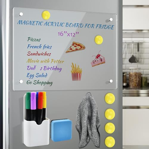 HEKOBAG Magnetic Acrylic Dry Erase Board for Fridge, 16x12 Magnetic Fridge Planner Clear Acrylic Magnet Board Meal Planner with 1 Dry Eraser, 6 Markers, 1 Cloth, 1 Pen Holder for Menu, Meal, Memo
