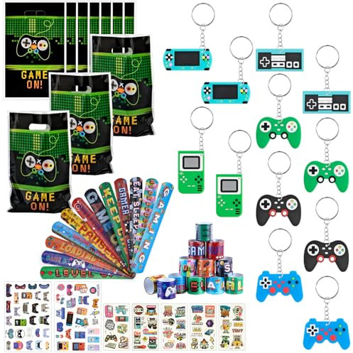 Video Game Party Bag Fillers, 80pcs Gaming Party Favors, Birthday Party Gifts Favors for Kids Boys Girls Gamer with Parties Bags, Slap Bands, Game Stickers, Luminous Tattoo Sticker, Keychains Party