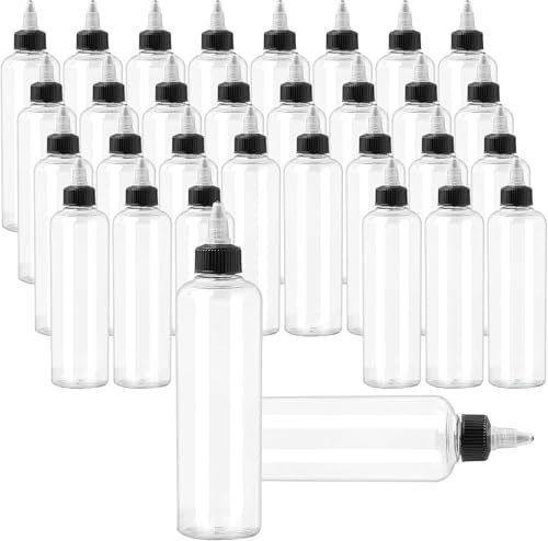Malloom 36Pcs Clear Plastic Dispensing Bottles, 4oz/120ml Squeeze Bottle with Twist Top Cap, Empty Boston Condiment Bottles for Liquids, Inks, Oils, Sauce, Ketchup, Crafts, Kitchen, Household