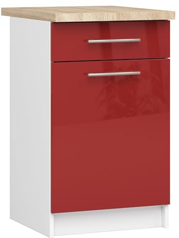 AKORD | Küchenschrank mit Arbeitsplatte - Oliwia S50 | Küchenunterschrank mit Tür, Schublade und 2 Einlegeböden | Unterschrank Küche 50 cm Breit | ABS-Kante 18 mm | 46x50x85 cm | Weiß & Rot Glanz
