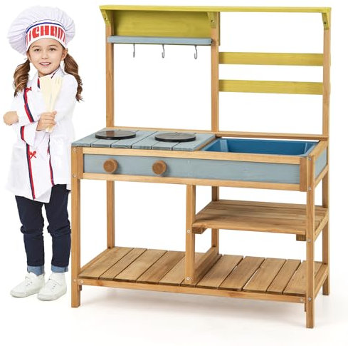 COSTWAY Matschküche Kinder Outdoor, Kinderküche Holz mit Spüle, Spielküche mit Haken & abnehmbarem Regal, Gartenküche Geschenke für Kinder ab 3 Jahren (Natur)