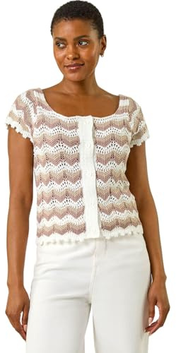 Roman Originals Wave Crochet Buttoned Top for Women UK - Ladies Everyday Holiday Spring Summer Round Neckline Comfy Soft Evening Vacation Work Party - Ivory - Size 12
