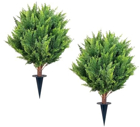 misppro Lot de 2 cyprès artificiels pour décoration d'extérieur avec piquet, résistantes aux UV, ne se décolorent pas, réutilisables, pour balcon, cour, terrasse, 68,6 x 45,7 cm