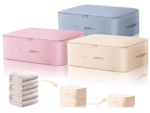 WOOWAIR 3 Stück Ultra Platzsparender Selbstkomprimierender Organizer, 52x42x30cm Aufbewahrungstasche für Bettdecken 3 Farben, Groß Selbstkomprimierende Bewegliche Organizertaschen for Decken Kleidung
