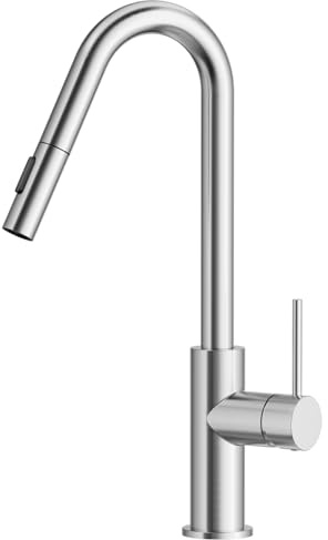 CECIPA Rubinetto Lavello Cucina con Doccetta Estraibile, Bocca Alta | Miscelatore Lavello Cucina in Acciaio Inox con 2 Getto, Rubinetti Lavello Estraibile Girevole a 360° (Spazzolato)