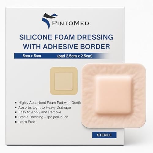 PintoMed - Apósito Estéril Adhesivo de Espuma de Silicona con Borde 5cm x 5cm (almohadilla 2,5cm x 2,5cm) caja de 5 apósitos. Absorbente. Para el tratamiento de heridas crónicas y agudas.