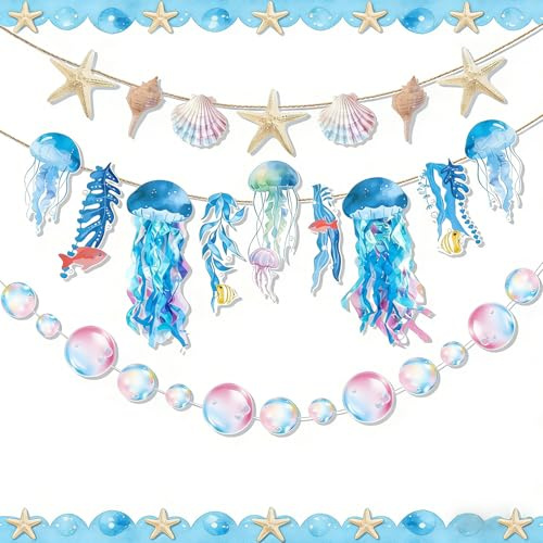 SUNBEAUTY 3Pcs Under the Sea Party Decorations Blue Jellyfish Garland Banner Ocean Theme Birthday Decor Seashell Starfish Bubble Bunting Mermaid Sea Animal Decor for Summer Beach Mermaid Birthday
