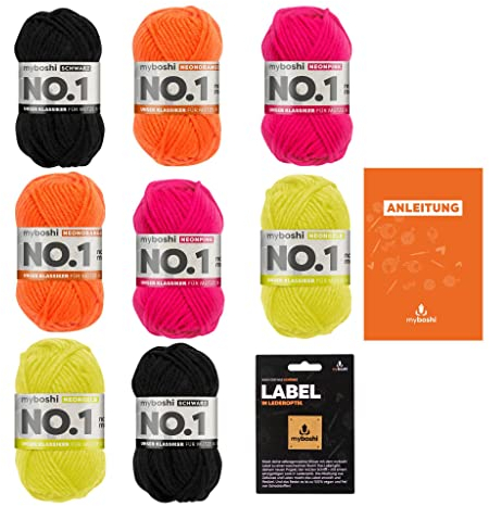myboshi Jogger Wollpaket, Mulesing-freie No.1 Wolle mit Neonfarben, Häkelanleitung, Label, 8 Knäuel x 50g, Lauflänge 55m, strapazierfähig, filzfrei, Jogger 8 Knäuel