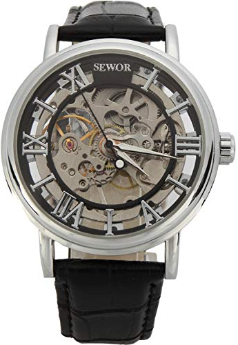 SEWOR Herren Mechanische Skelett aufziehbar transparent Armbanduhr mit Vintage Style (Weiß Schwarz)