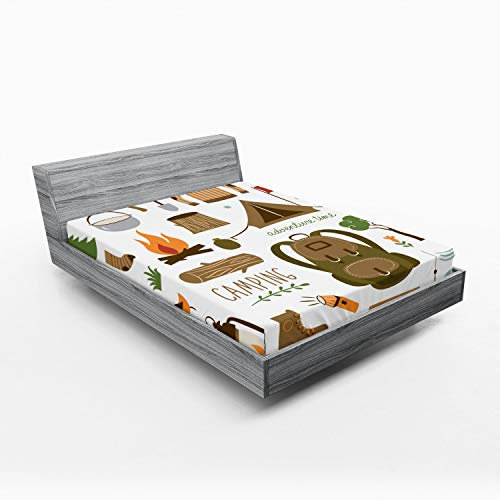 Ambesonne Adventure Fitted Sheet, Camping Equipment Sleeping Bag Boots Campfire Shovel Hatchet Log Art Print, Bed Cover with All-Round Elastic Deep Pocket for Comfort, Full Size, Taupe Brown